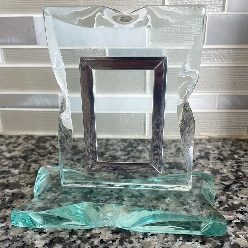 Vintage Thick Patterned Blue Tint Glass Table Top Picture Frame Footed.